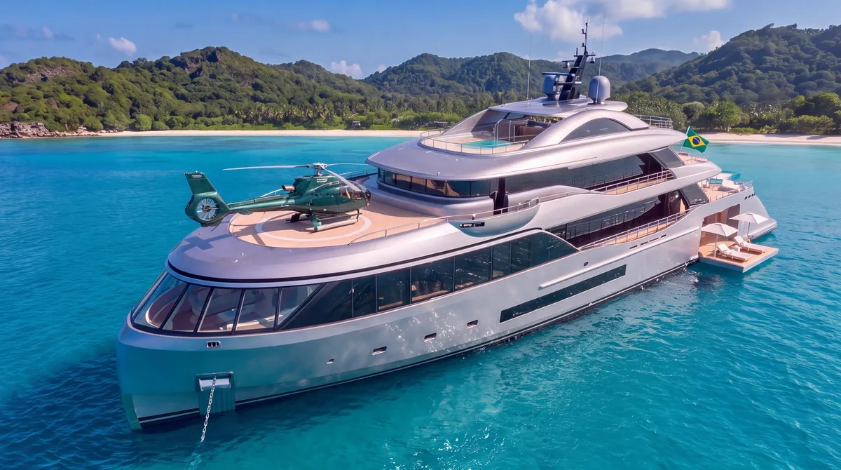 Andretto 60M, a 60-metre superyacht at anchor with a helicopter on the bow helideck